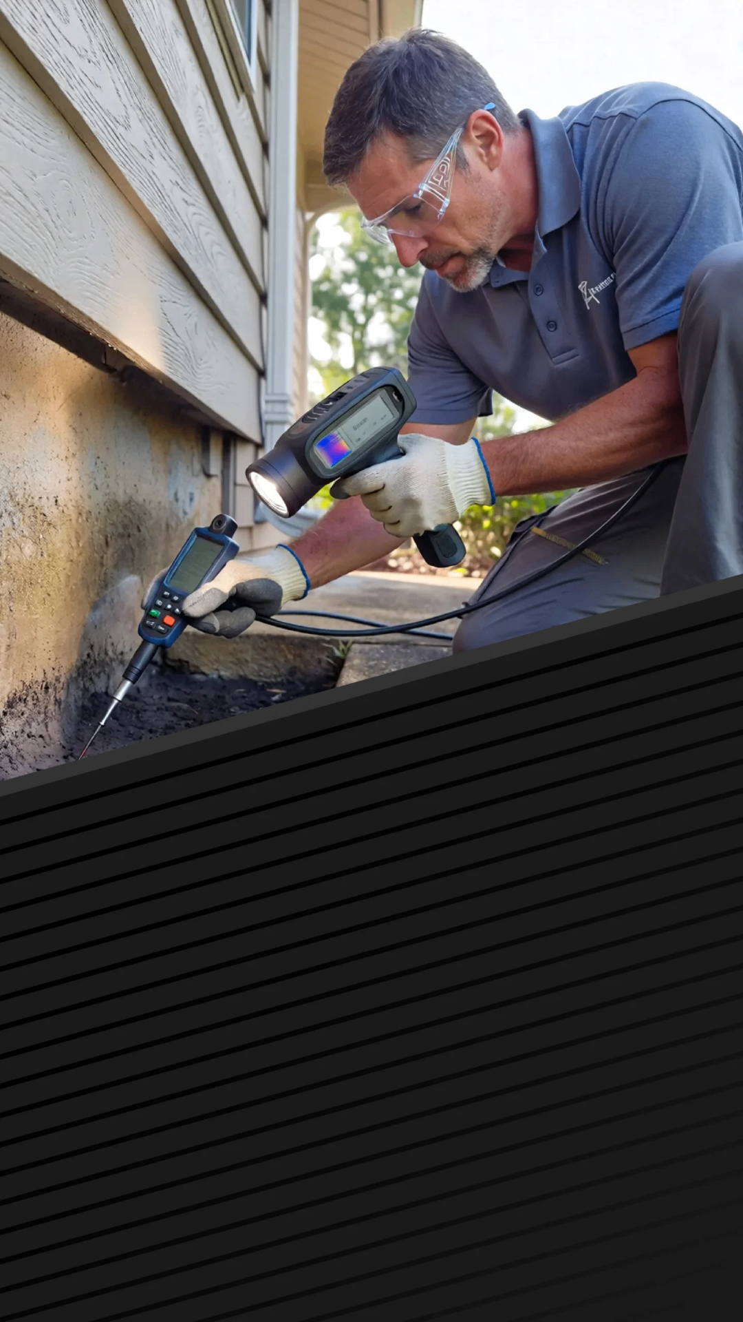 A&A pest control technician inspecting a home exterior